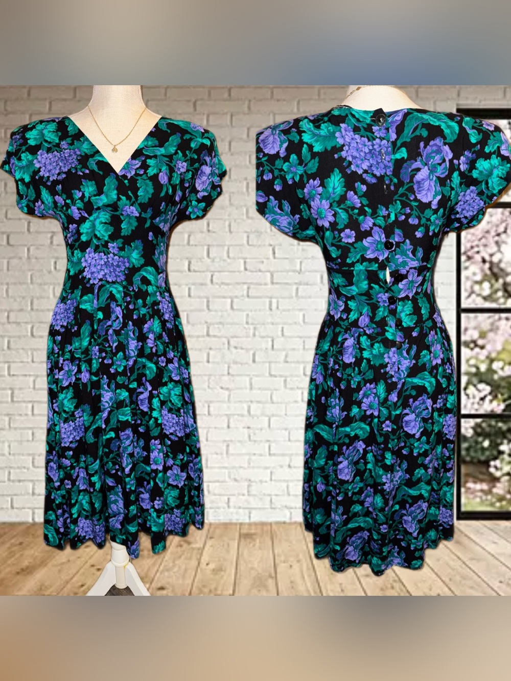 Vintage  80s All That Jazz Floral Midi Dress Purple Teal Black pockets